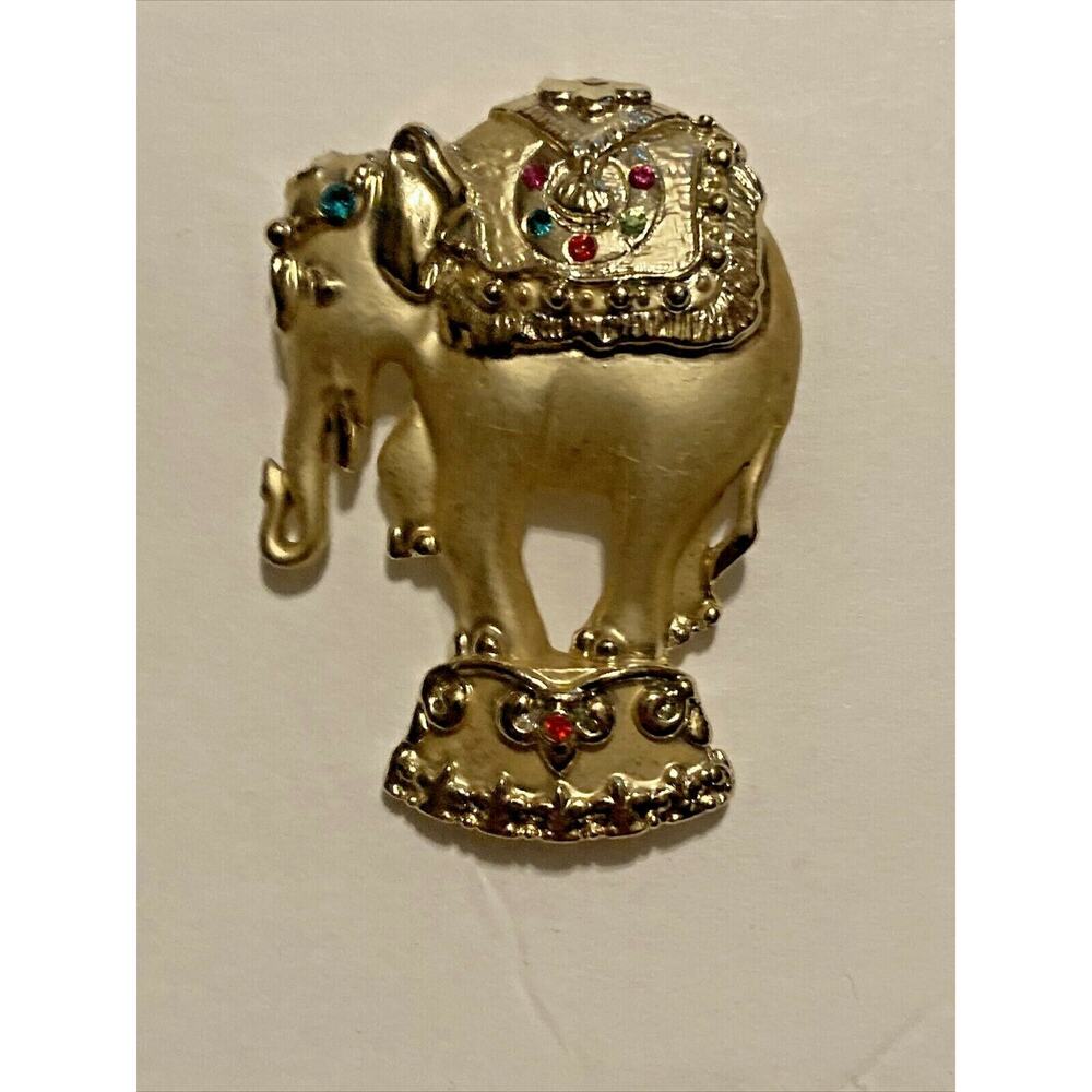 GOLD TONE ELEPHANT BROOCH PIN RHINESTONES RED GREEN